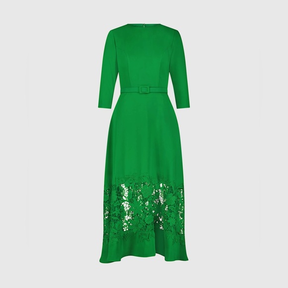 Mac Duggal 21001 Green Crepe Boat Neck Midi Dress With Applique Cut Out Size L - Picture 2 of 9